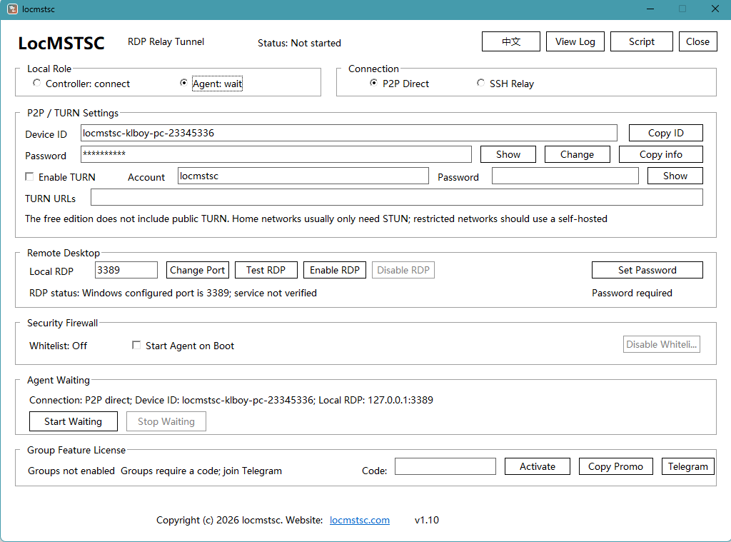 LocMSTSC agent panel screenshot